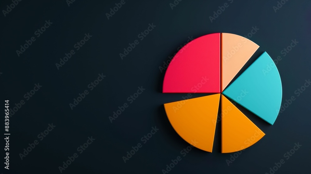 Fototapeta premium Colorful pie chart on dark background representing data analysis, statistics, and business insights.
