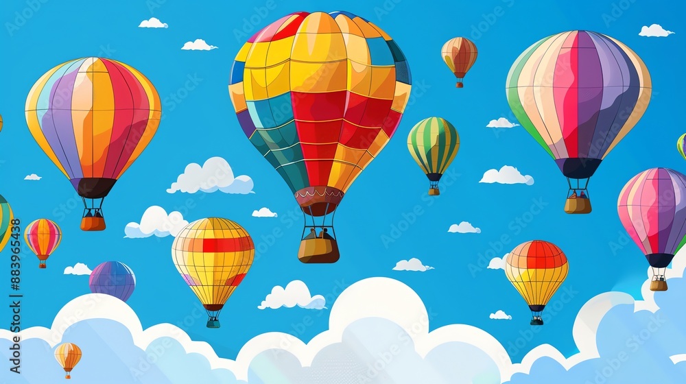 Obraz premium A cartoon illustration of many hot air balloons in the sky.