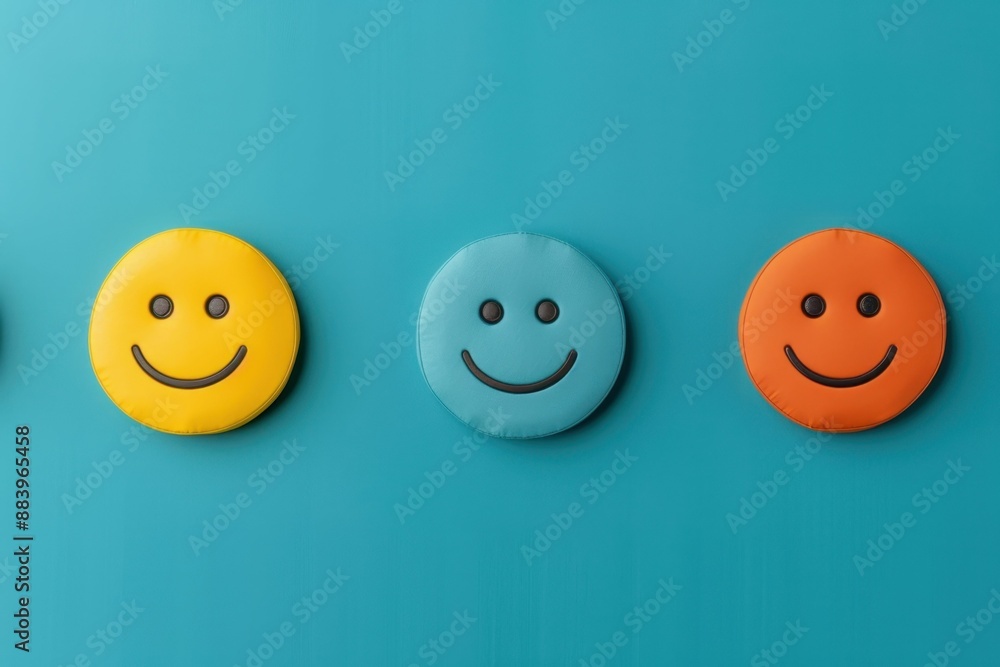 Colorful smiling face emoji icons on a blue background. Happiness, positivity, and cheerful expressions represented through playful symbols. Colorful smiling face emoji icons on a blue background. Happiness, positivity, and cheerful expressions represented through playful symbols.