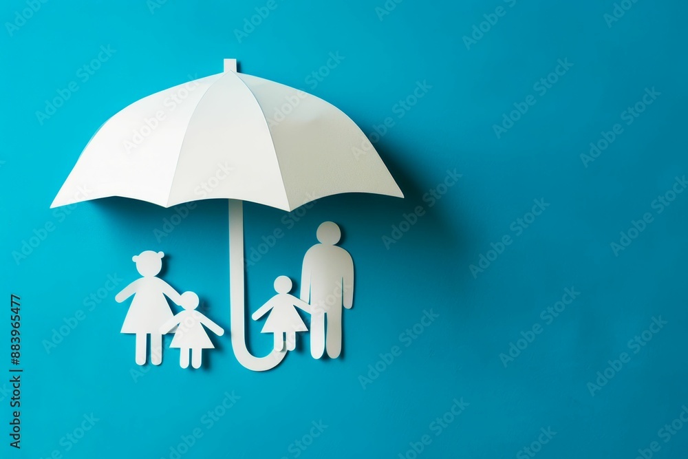 Cutout family figures sheltered under an umbrella on a blue background, symbolizing family protection and insurance concepts. Cutout family figures sheltered under an umbrella on a blue background, symbolizing family protection and insurance concepts.