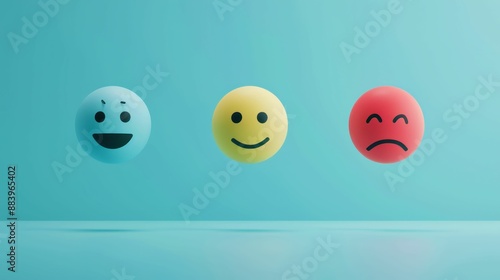 Colorful emoticons representing different emotions against a blue background, depicting happiness, neutrality, and sadness.