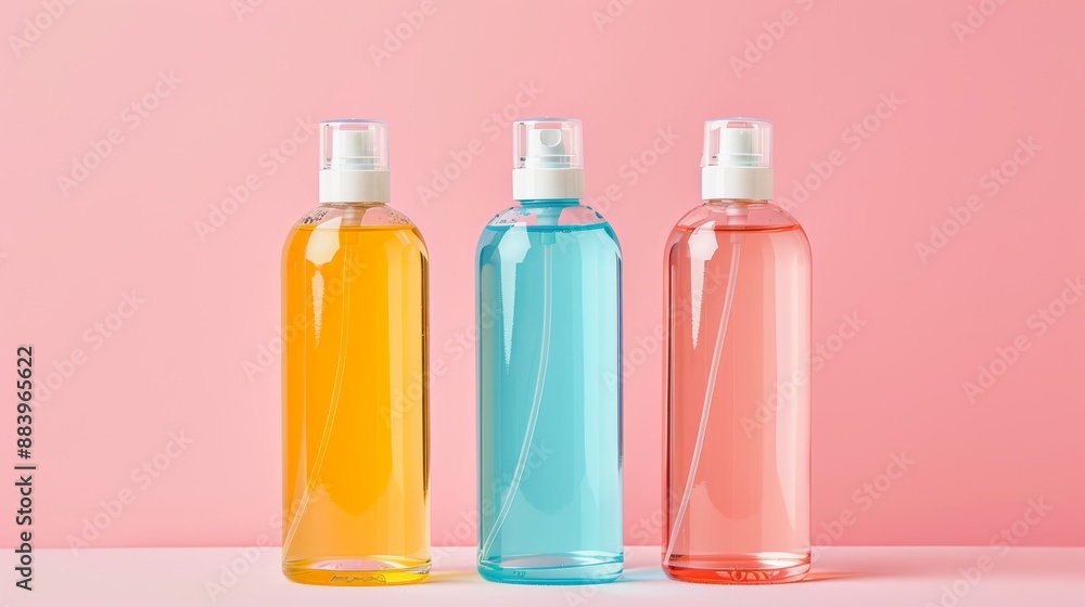 Three colorful bottles on a pink background Three colorful bottles on a pink background