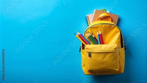 Vibrant yellow backpack filled with books, pencils, and school supplies isolated on bright blue background, featuring generous copy space for custom text or logo. photo