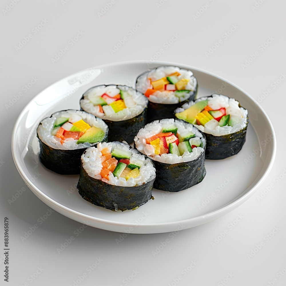 Sushi with accompaniments in a white plate, looks delicious on a clean white background, typical korean food Sushi with accompaniments in a white plate, looks delicious on a clean white background, typical korean food