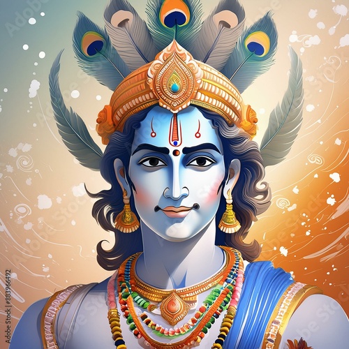 Lord Krishna's face with wearing peacock feather on head photo