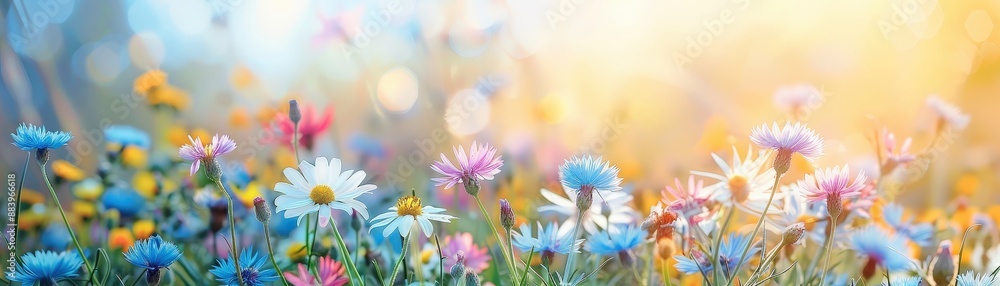 Vibrant Wildflowers in Bloom Under a Golden Sunrise with Soft Bokeh Background Vibrant Wildflowers in Bloom Under a Golden Sunrise with Soft Bokeh Background