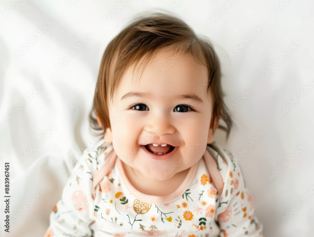Adorable six-month-old Asian baby with a big smile, highlighting emerging teeth against a white background for dental promotion. Adorable six-month-old Asian baby with a big smile, highlighting emerging teeth against a white background for dental promotion.