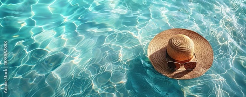 A straw hat floating on the surface of a sparkling blue pool. photo