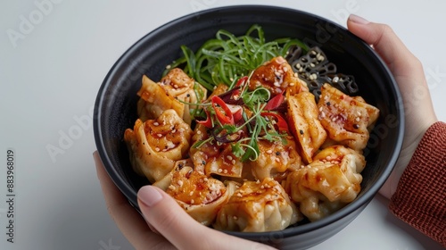 wontons with accompaniments in a black bowl whit hand, looks delicious on a clean white background, typical Chinese food
