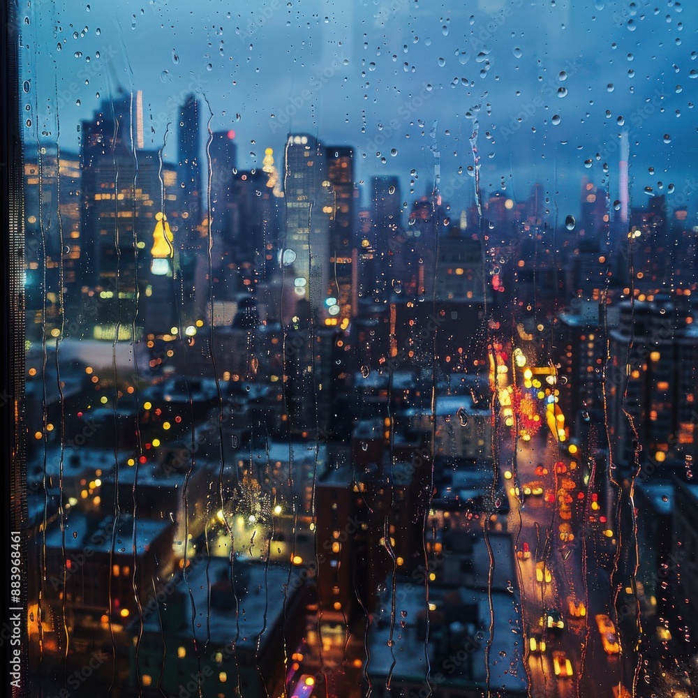 Fototapeta premium City Lights Through a Rainy Window