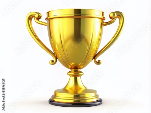 Shiny 3D realistic yellow trophy cup with intricate details and ornate handles on a isolated white background, symbolizing achievement and excellence in various competitions.