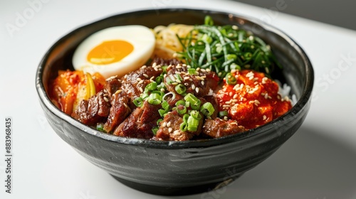 Yangnyeom tongdak with accompaniments in a black bowl with hand, looks delicious on a clean white background, typical korean food