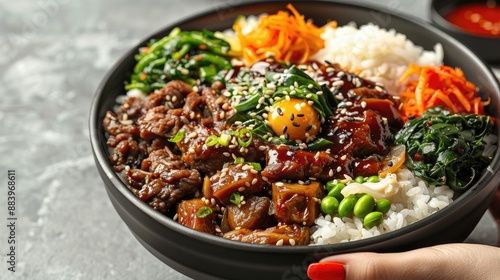 Yangnyeom tongdak with accompaniments in a black bowl with hand, looks delicious on a clean white background, typical korean food