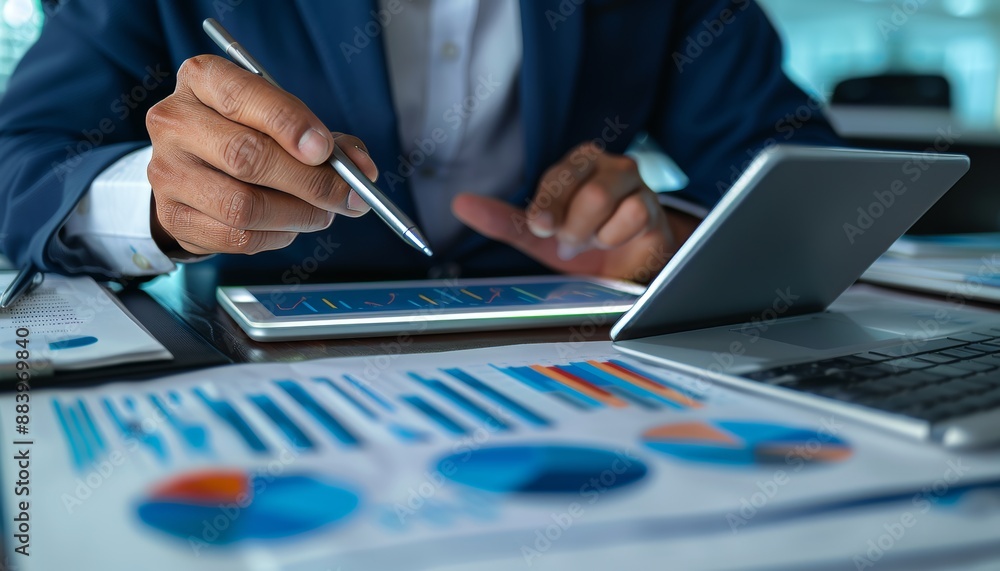 Businessman analyzing financial data on tablet with growth chart for strategy and planning Businessman analyzing financial data on tablet with growth chart for strategy and planning