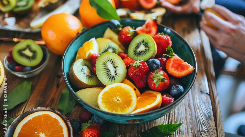 A colorful bowl of fresh fruit sits on a rustic table as friends discuss healthy eating and enjoy the produce. A colorful bowl of fresh fruit sits on a rustic table as friends discuss healthy eating and enjoy the produce.
