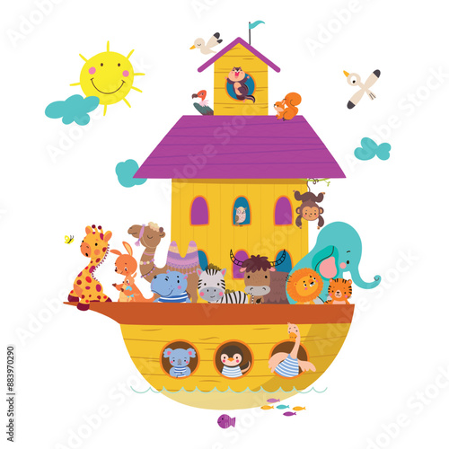 Noah ark. Animals on one ship or boat. Lion elephant penguin fox bear. Bible story illustration, rescue of different lives. Nowaday big travel vector scene