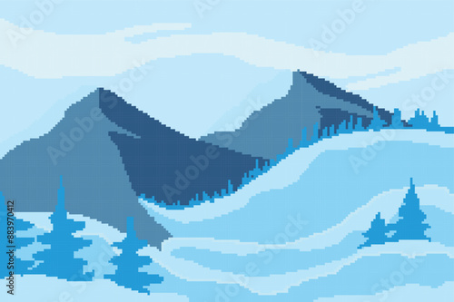 winter pixel art image, there is a beautiful high mountain surrounded by pine trees covered in snow	