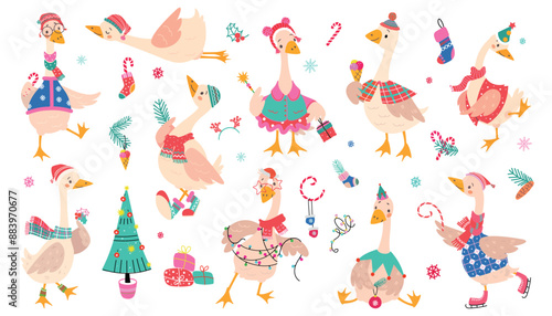 Christmas goose. New year geese wear winter holiday costumes and accessories. Cartoon birds in santa claus and elf hats, nowaday vector clipart
