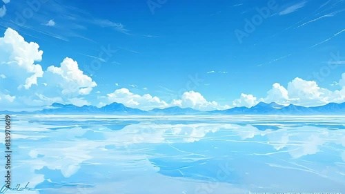 Salt Flats Landscapes Animation. Reflective Surfaces, Distant Mountains, Clear Skies. Discover the Surreal Beauty of Salt Flats Landscapes in This Dynamic Video. photo