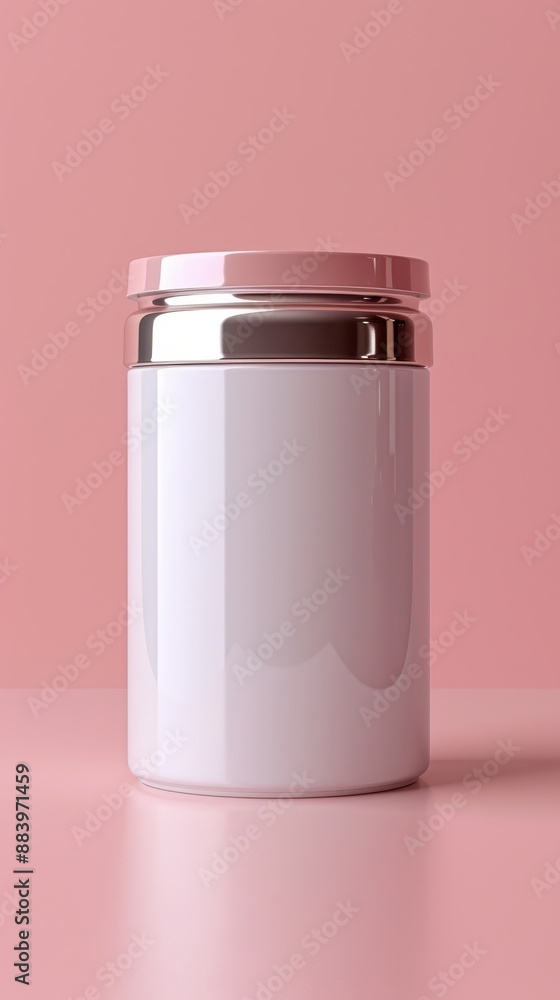 A white container with a pink lid sits on a pink background A white container with a pink lid sits on a pink background