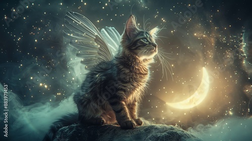 Enchanting scene of a magical cat with fairy wings gazing at the glowing moon in a dreamy night sky filled with stars and mist. photo