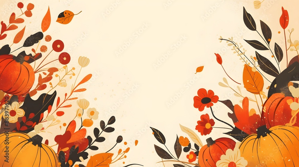 frame background for an autumn greeting card full of orange and yellow flowers, and orange and brown pumpkins frame background for an autumn greeting card full of orange and yellow flowers, and orange and brown pumpkins