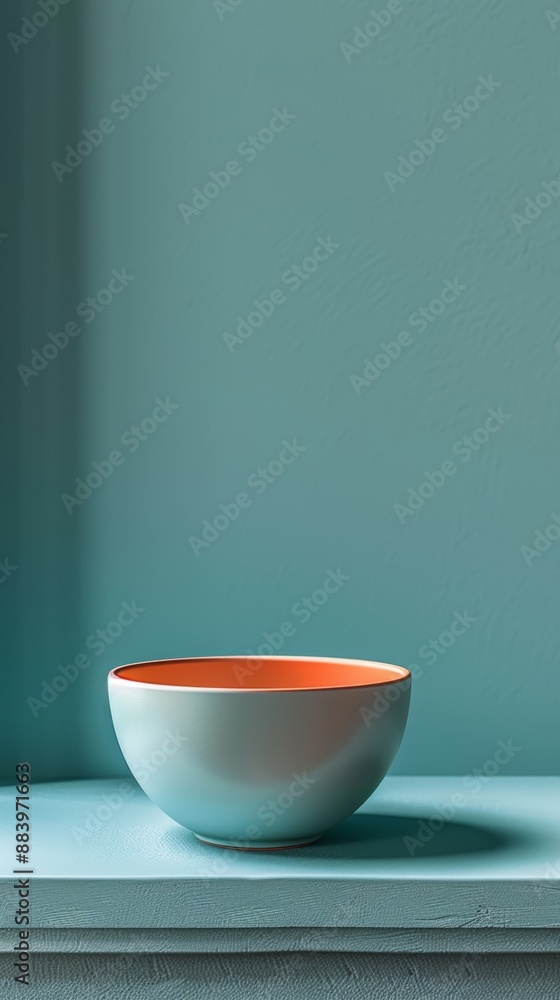 A bowl with a red rim sits on a shelf in front of a blue wall A bowl with a red rim sits on a shelf in front of a blue wall