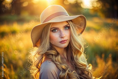 Elegant young blonde woman with brown eyes and flowing hair faces forward, adorned with a sophisticated brown hat, against a warm summer backdrop of soft golden light. © Adisorn