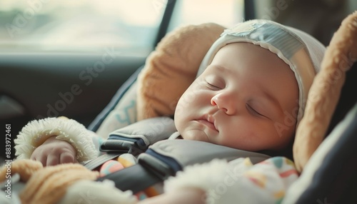 Securely strapped infant peacefully asleep in car safety seat for a serene and restful journey photo