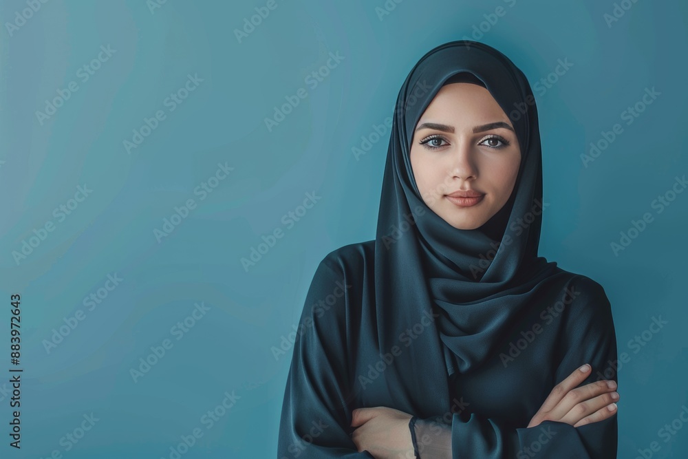 Confident arabian asian muslim woman in abaya hijab posing with folded hands on blue background Confident arabian asian muslim woman in abaya hijab posing with folded hands on blue background