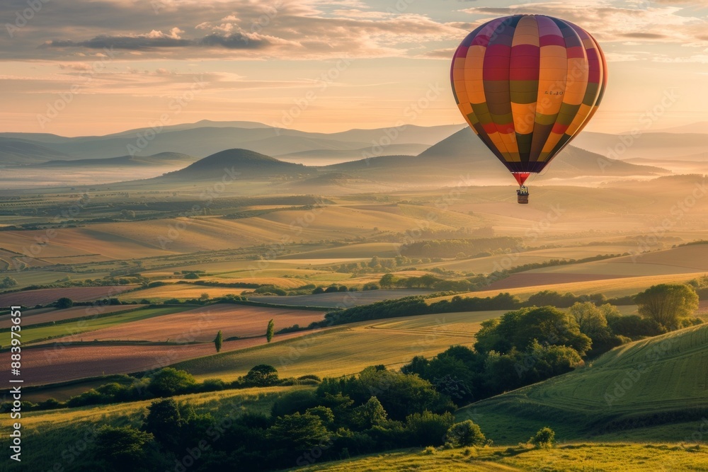 Fototapeta premium A hot air balloon drifting above rolling hills, with a softly blurred background of green fields and distant mountains. 