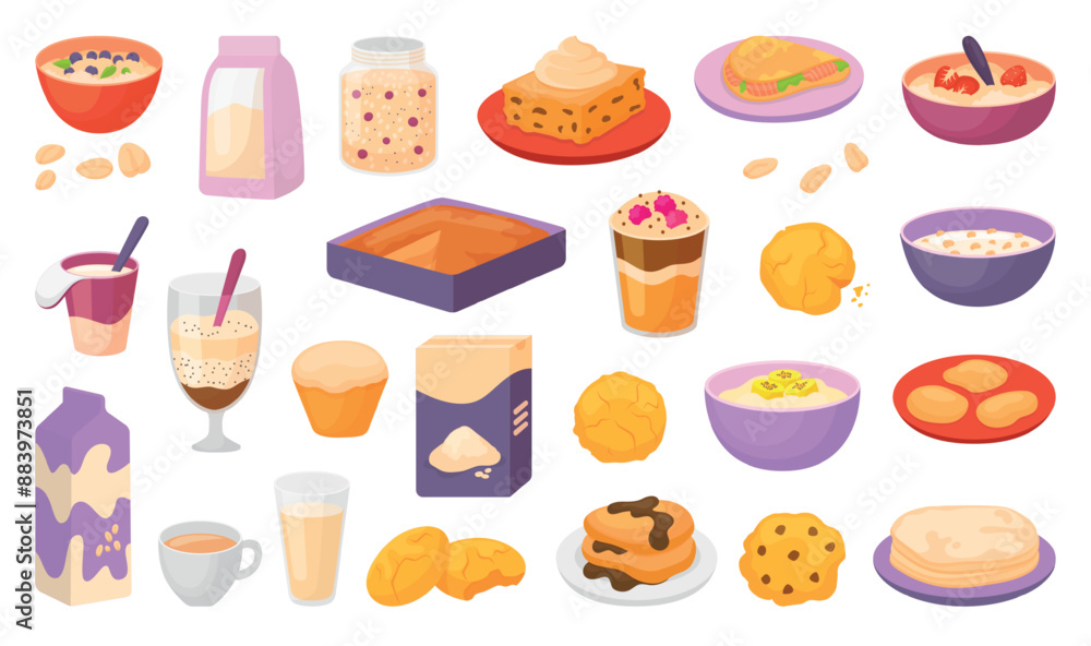 Cartoon oatmeal food. Grains and oat flakes box, flour, smoothie and plant drinks milk. Porridge in bowls, cookies with chocolate, neoteric vector clipart Cartoon oatmeal food. Grains and oat flakes box, flour, smoothie and plant drinks milk. Porridge in bowls, cookies with chocolate, neoteric vector clipart
