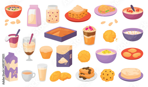Cartoon oatmeal food. Grains and oat flakes box, flour, smoothie and plant drinks milk. Porridge in bowls, cookies with chocolate, neoteric vector clipart