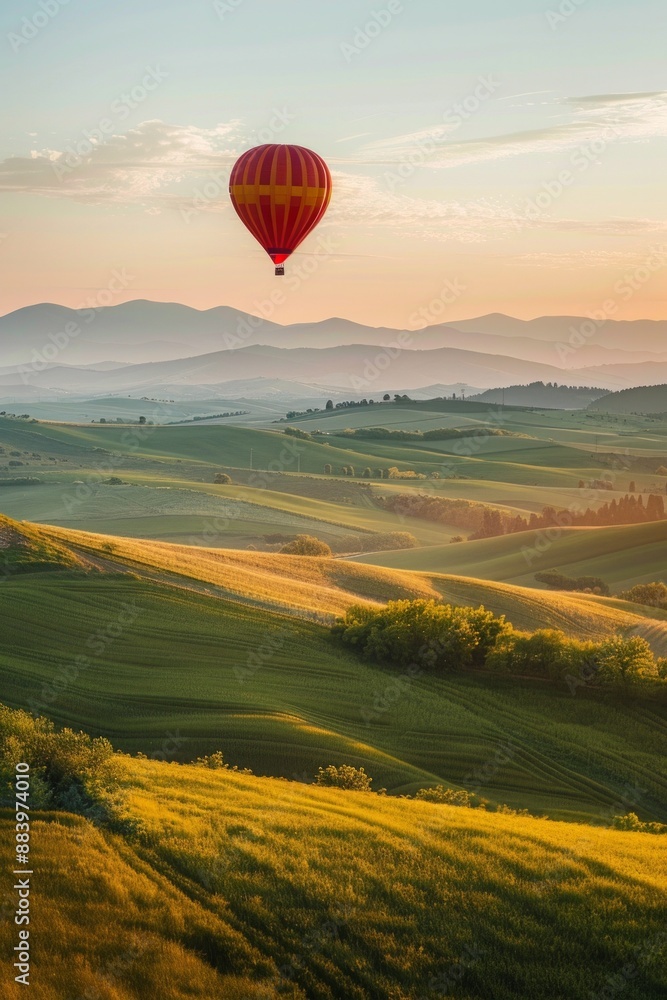 Fototapeta premium A hot air balloon drifting above rolling hills, with a softly blurred background of green fields and distant mountains.