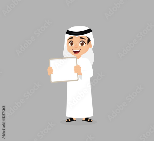 Arabic boy holds a blank whiteboard