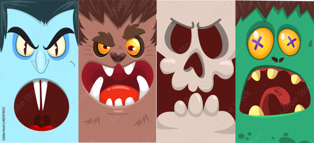 Fototapeta premium Halloween funny faces set of four characters. Cartoon heads of grim reaper, pumpkin Jack o lntern zombie, vampire and mummy. Vector illustration isolated. Party decoration or package design.