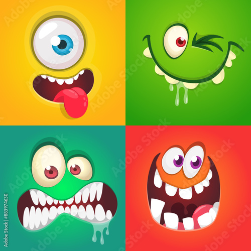 Funny cartoon monster faces set. Illustration of monsters or aliens different expression. Halloween design. Vector isolated