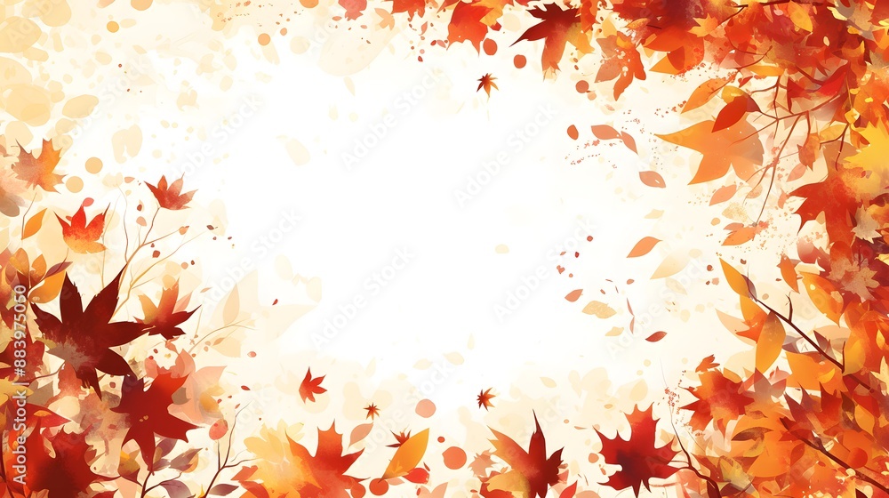 A beautiful autumn scene with a white background and a frame of leaves A beautiful autumn scene with a white background and a frame of leaves