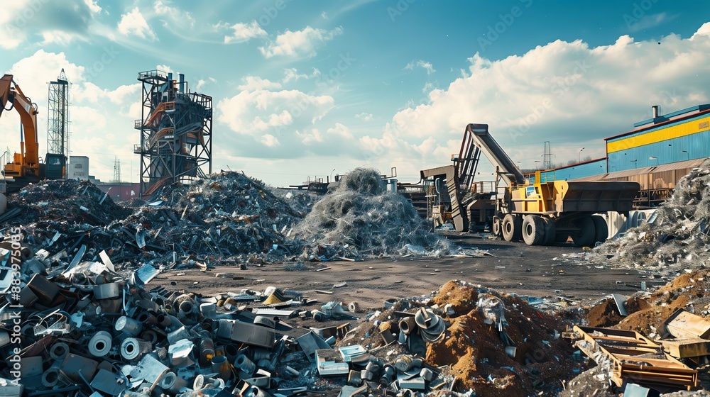 A massive metal recycling plant, with towering scrap and state-of-the-art machinery, processes materials. A massive metal recycling plant, with towering scrap and state-of-the-art machinery, processes materials.