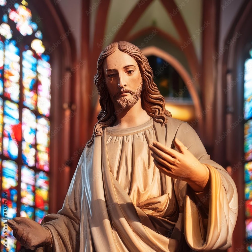 Naklejka premium Statue of Jesus Christ in Church or Cathedral - Depiction of Jesus Christ - Peaceful and Calming Image - Savior of Humanity and Mankind - Image of Christianity - The Shepherd from Jerusalem - Artwork