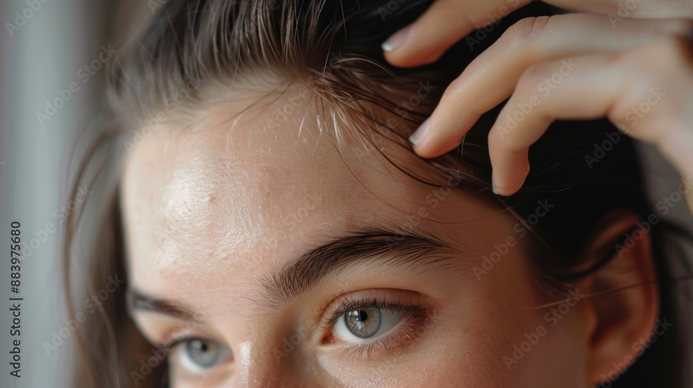 Close-Up of Person with Expressive Blue Eyes and Hand in Hair: Showcasing the Problem of Premature Graying of Hair Close-Up of Person with Expressive Blue Eyes and Hand in Hair: Showcasing the Problem of Premature Graying of Hair
