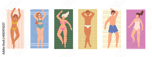 People sunbathing. Young adults and teenagers beach vacations. Boys and girls lying on towels, top view. Positive ocean sea travel snugly vector set