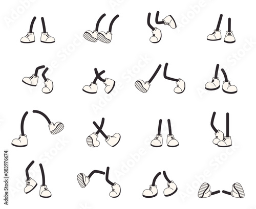 Comic cartoon legs. Foot wear boots, retro style animation feet characters. Standing running jumping walking sitting positions, snugly vector set