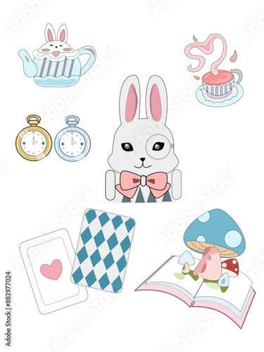 Illustration of wonderland bunny rabbit with design elements vector set sticker