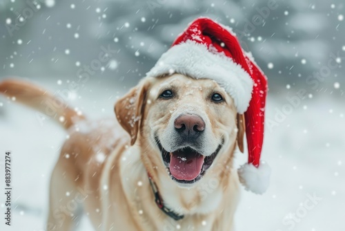playful portrait of a labrador retriever wearing a santa hat in a snowy winter wonderland joyful expression and wagging tail capture the spirit of the holiday season with canine charm © furyon