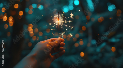 Hand holding fulzadi or fireworks stick on diwali festival photo