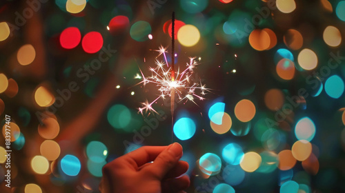 Hand holding fulzadi or fireworks stick on diwali festival photo