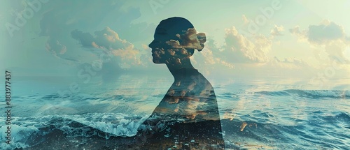 Double exposure of a person resting and a calm sea, evoking tranquility