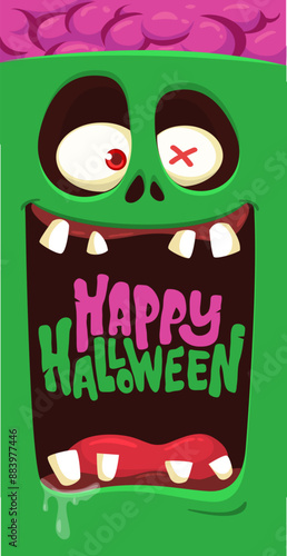Cartoon funny green zombie character design with scary face expression and pink brains out. Halloween vector illustration isolated on white. Party invitation, package design 