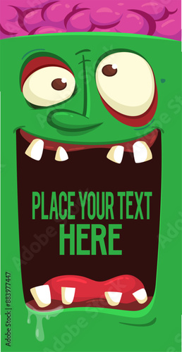 Cartoon funny green zombie character design with scary face expression and pink brains out. Halloween vector illustration isolated on white. Party invitation, package design 